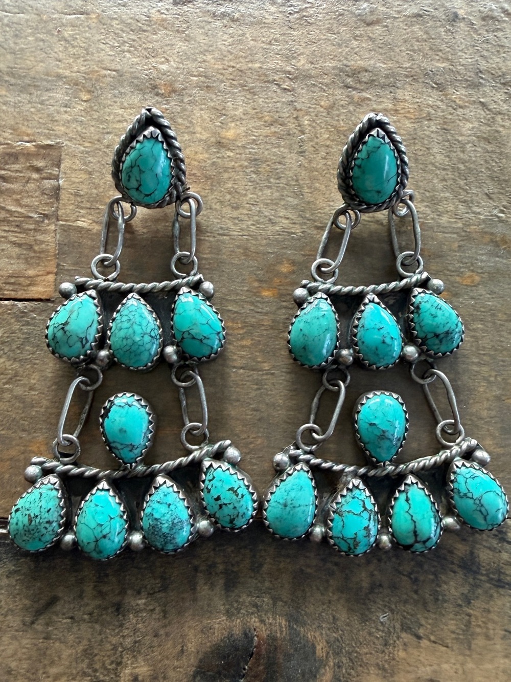 Vintage Sterling Silver Turquoise Teardrop Chandelier Dangle Earrings Southwest